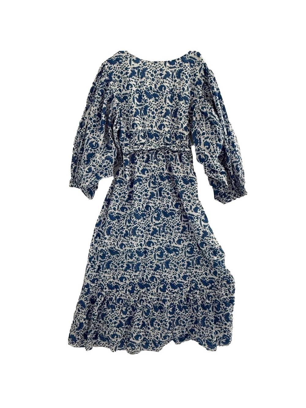 Pomegranate 100% Cotton Blue White Floral India Boho Prairie Midi Dress M - Picture 2 of 12